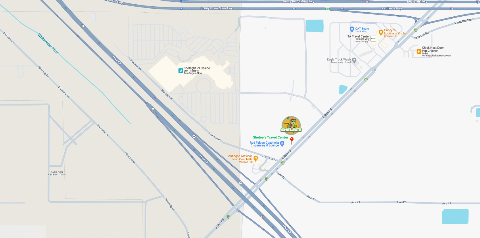 Map showing the location of Shelee's Travel Center near the intersection of Dillon Road and Harrison Place, close to Spotlight 29 Casino and Red Falcon Coachella Dispensary.